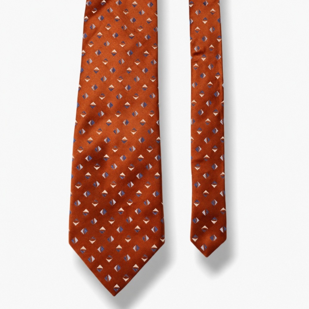 Burma Bibas Silk Necktie Geometric Rust Orange Blue Ivory Handmade Classic - Picture 2 of 5